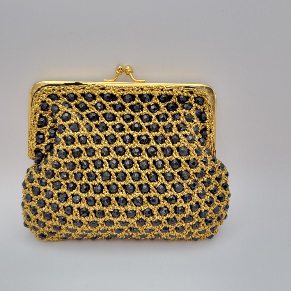 Delill | Vintage Handmade in Italy Faceted Black Beads Metallic Gold-Tone Clutch